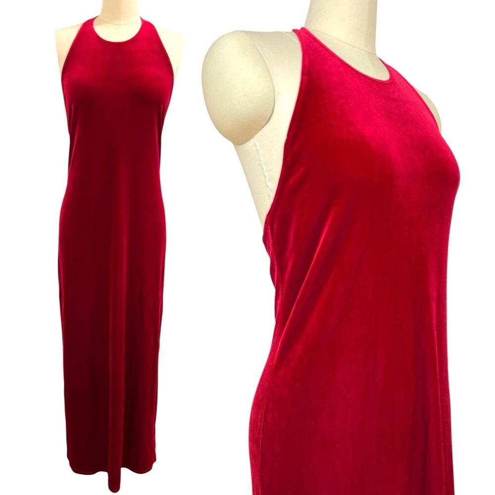 VTG 90s Y2K Laundry Shelli Segal Red Velvet Halter Maxi Dress Open Back NWT Sz M